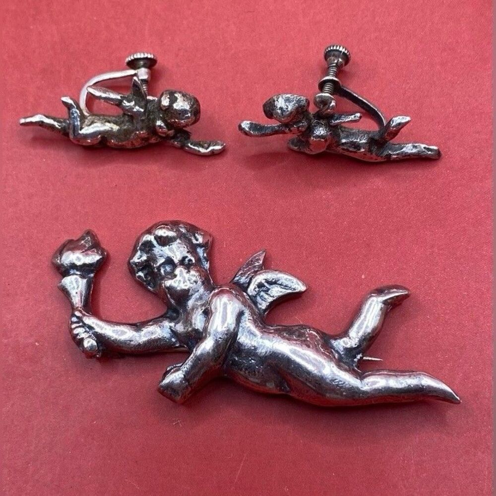 Antique Sterling Silver Cherub Brooch & Earrings 1900’s Art Nouveau